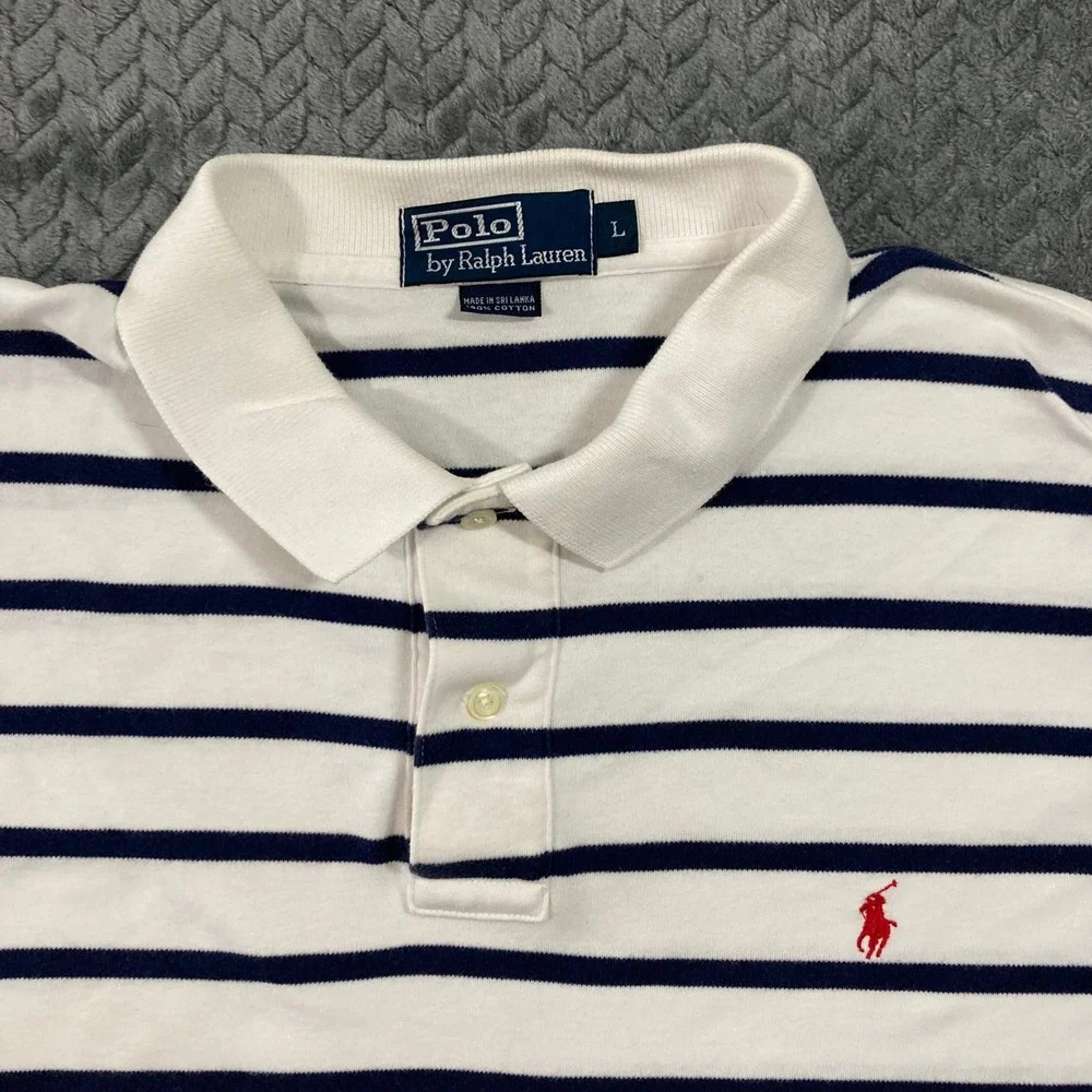 Polo Ralph Lauren Polo Shirt Mens L Striped White Navy Blue